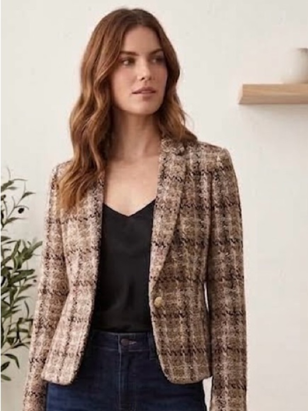Express Neutral Plaid Tweed Blazer